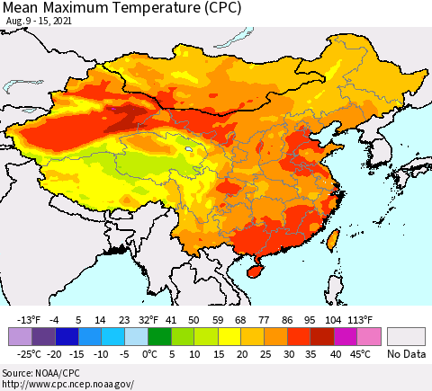 China, Mongolia and Taiwan Mean Maximum Temperature (CPC) Thematic Map For 8/9/2021 - 8/15/2021