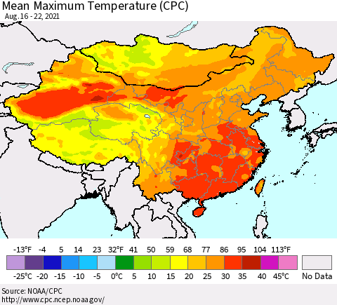 China, Mongolia and Taiwan Mean Maximum Temperature (CPC) Thematic Map For 8/16/2021 - 8/22/2021