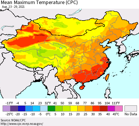 China, Mongolia and Taiwan Mean Maximum Temperature (CPC) Thematic Map For 8/23/2021 - 8/29/2021