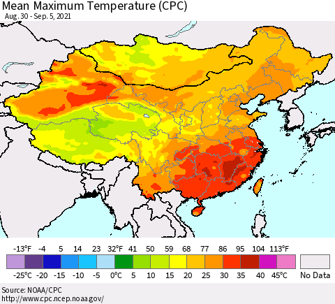 China, Mongolia and Taiwan Mean Maximum Temperature (CPC) Thematic Map For 8/30/2021 - 9/5/2021