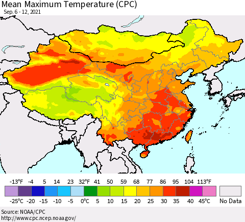 China, Mongolia and Taiwan Mean Maximum Temperature (CPC) Thematic Map For 9/6/2021 - 9/12/2021