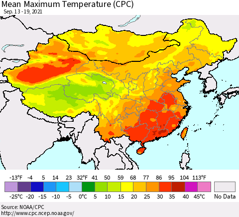 China, Mongolia and Taiwan Mean Maximum Temperature (CPC) Thematic Map For 9/13/2021 - 9/19/2021