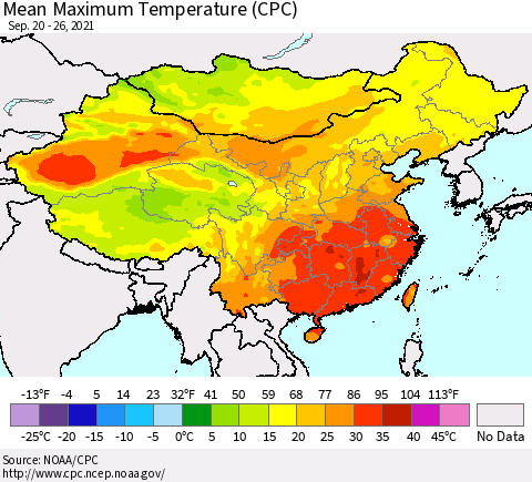China, Mongolia and Taiwan Mean Maximum Temperature (CPC) Thematic Map For 9/20/2021 - 9/26/2021
