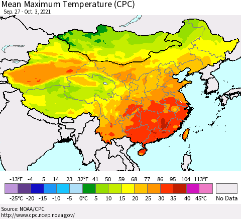 China, Mongolia and Taiwan Mean Maximum Temperature (CPC) Thematic Map For 9/27/2021 - 10/3/2021