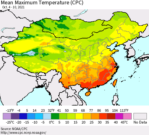 China, Mongolia and Taiwan Mean Maximum Temperature (CPC) Thematic Map For 10/4/2021 - 10/10/2021