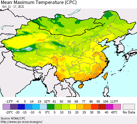 China, Mongolia and Taiwan Mean Maximum Temperature (CPC) Thematic Map For 10/11/2021 - 10/17/2021