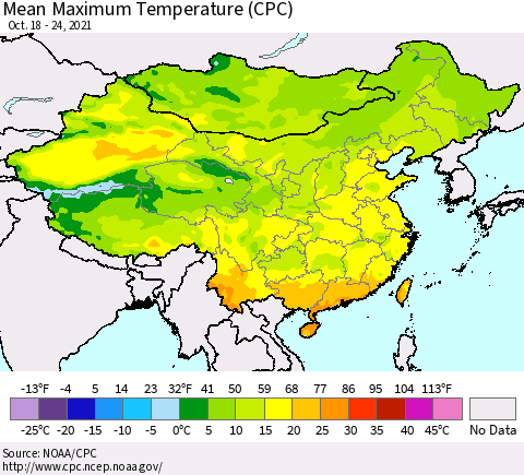 China, Mongolia and Taiwan Mean Maximum Temperature (CPC) Thematic Map For 10/18/2021 - 10/24/2021