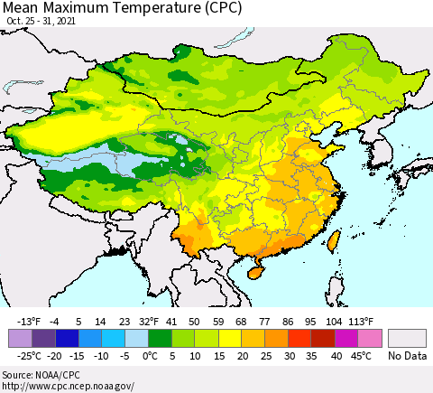 China, Mongolia and Taiwan Mean Maximum Temperature (CPC) Thematic Map For 10/25/2021 - 10/31/2021