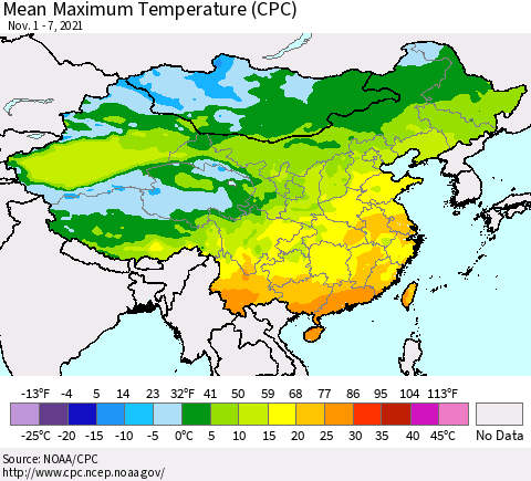 China, Mongolia and Taiwan Mean Maximum Temperature (CPC) Thematic Map For 11/1/2021 - 11/7/2021