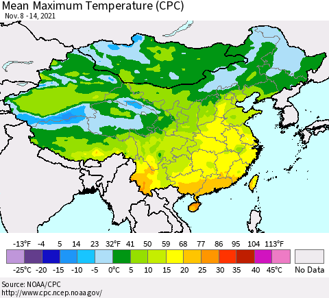 China, Mongolia and Taiwan Mean Maximum Temperature (CPC) Thematic Map For 11/8/2021 - 11/14/2021