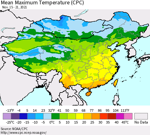 China, Mongolia and Taiwan Mean Maximum Temperature (CPC) Thematic Map For 11/15/2021 - 11/21/2021