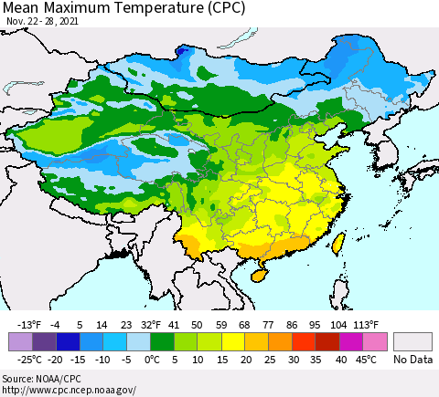 China, Mongolia and Taiwan Mean Maximum Temperature (CPC) Thematic Map For 11/22/2021 - 11/28/2021
