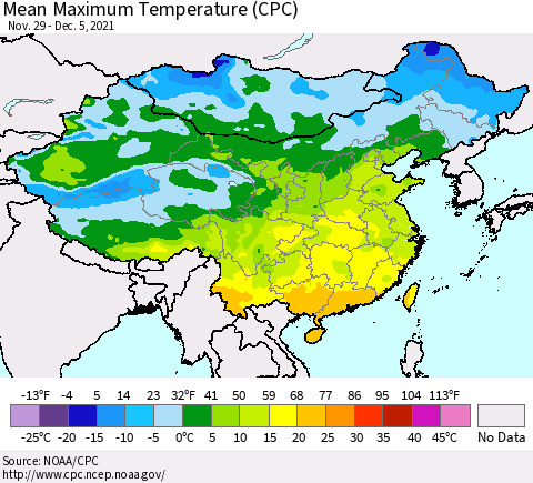 China, Mongolia and Taiwan Mean Maximum Temperature (CPC) Thematic Map For 11/29/2021 - 12/5/2021