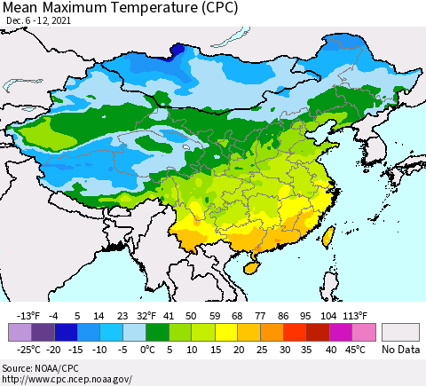 China, Mongolia and Taiwan Mean Maximum Temperature (CPC) Thematic Map For 12/6/2021 - 12/12/2021