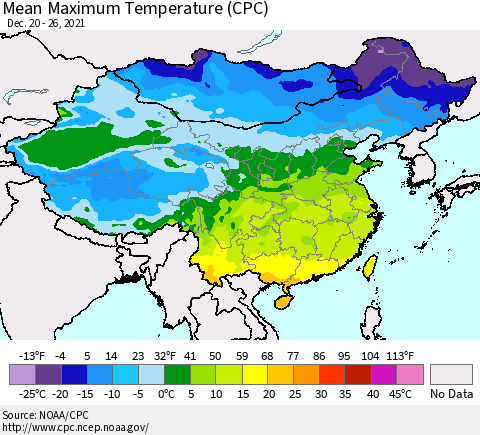 China, Mongolia and Taiwan Mean Maximum Temperature (CPC) Thematic Map For 12/20/2021 - 12/26/2021