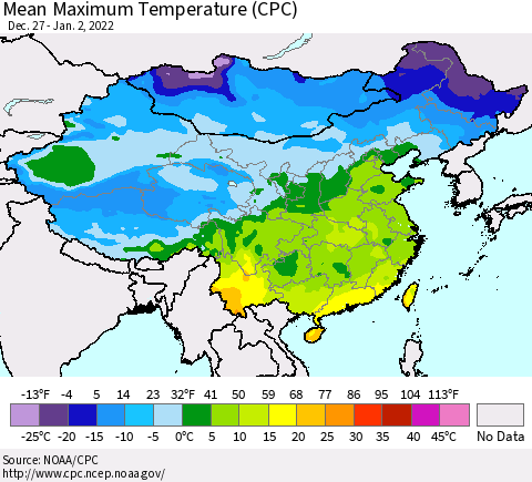 China, Mongolia and Taiwan Mean Maximum Temperature (CPC) Thematic Map For 12/27/2021 - 1/2/2022