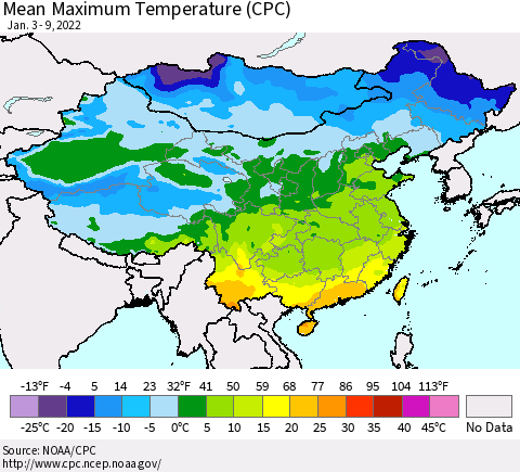 China, Mongolia and Taiwan Mean Maximum Temperature (CPC) Thematic Map For 1/3/2022 - 1/9/2022