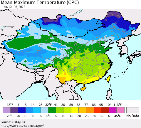 China, Mongolia and Taiwan Mean Maximum Temperature (CPC) Thematic Map For 1/10/2022 - 1/16/2022