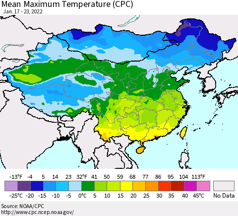 China, Mongolia and Taiwan Mean Maximum Temperature (CPC) Thematic Map For 1/17/2022 - 1/23/2022