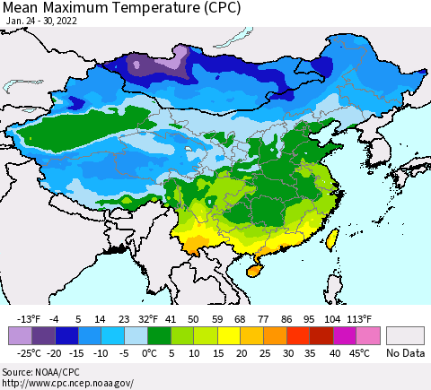 China, Mongolia and Taiwan Mean Maximum Temperature (CPC) Thematic Map For 1/24/2022 - 1/30/2022