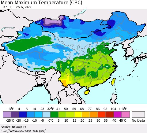 China, Mongolia and Taiwan Mean Maximum Temperature (CPC) Thematic Map For 1/31/2022 - 2/6/2022