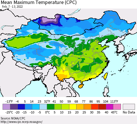 China, Mongolia and Taiwan Mean Maximum Temperature (CPC) Thematic Map For 2/7/2022 - 2/13/2022