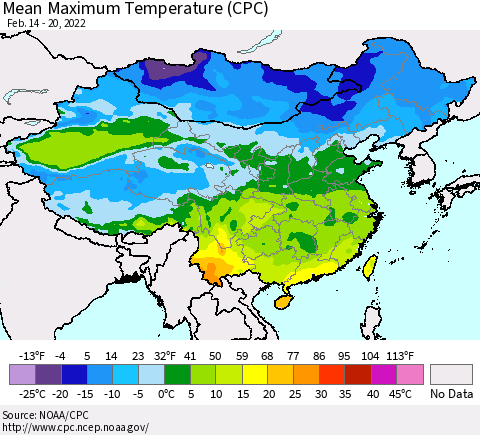 China, Mongolia and Taiwan Mean Maximum Temperature (CPC) Thematic Map For 2/14/2022 - 2/20/2022