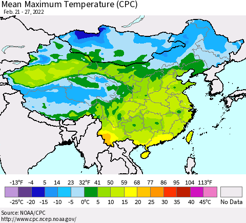 China, Mongolia and Taiwan Mean Maximum Temperature (CPC) Thematic Map For 2/21/2022 - 2/27/2022