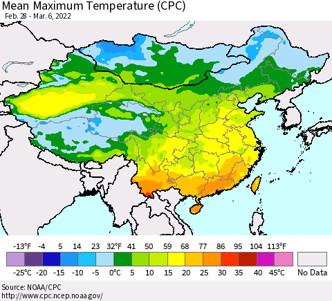 China, Mongolia and Taiwan Mean Maximum Temperature (CPC) Thematic Map For 2/28/2022 - 3/6/2022