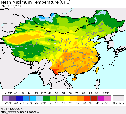 China, Mongolia and Taiwan Mean Maximum Temperature (CPC) Thematic Map For 3/7/2022 - 3/13/2022