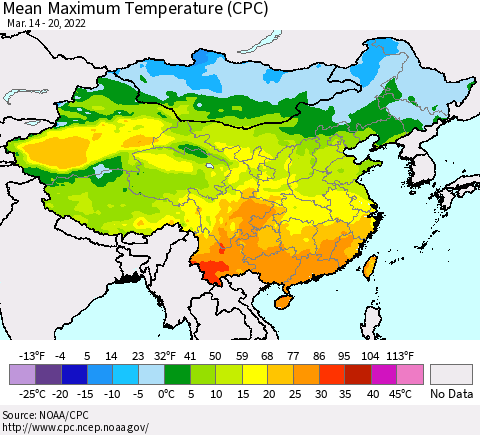 China, Mongolia and Taiwan Mean Maximum Temperature (CPC) Thematic Map For 3/14/2022 - 3/20/2022