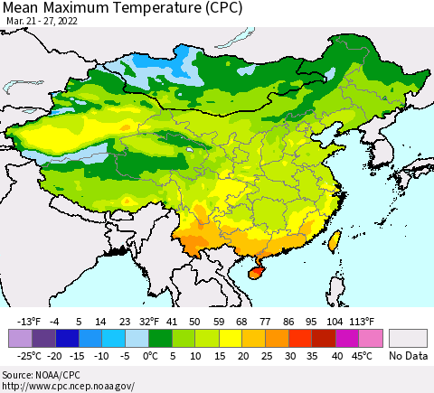 China, Mongolia and Taiwan Mean Maximum Temperature (CPC) Thematic Map For 3/21/2022 - 3/27/2022