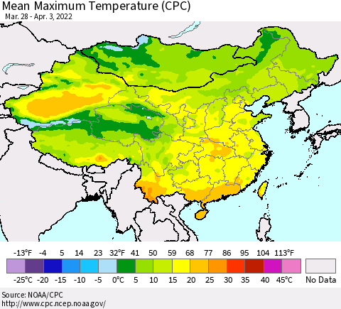 China, Mongolia and Taiwan Mean Maximum Temperature (CPC) Thematic Map For 3/28/2022 - 4/3/2022