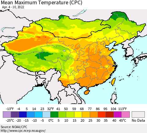 China, Mongolia and Taiwan Mean Maximum Temperature (CPC) Thematic Map For 4/4/2022 - 4/10/2022