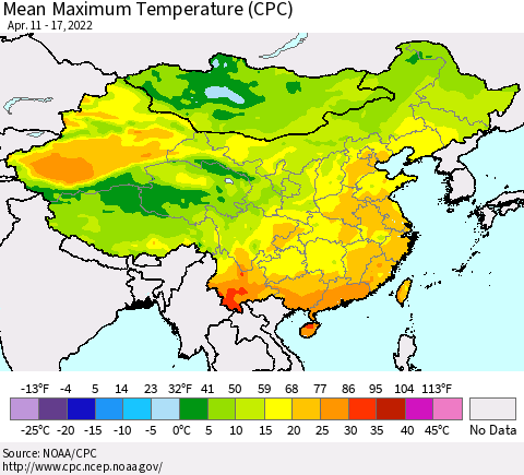 China, Mongolia and Taiwan Mean Maximum Temperature (CPC) Thematic Map For 4/11/2022 - 4/17/2022