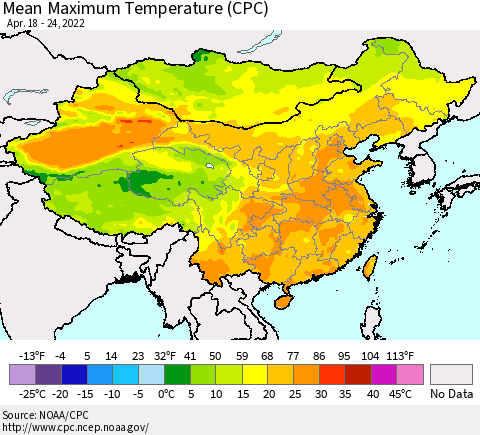 China, Mongolia and Taiwan Mean Maximum Temperature (CPC) Thematic Map For 4/18/2022 - 4/24/2022