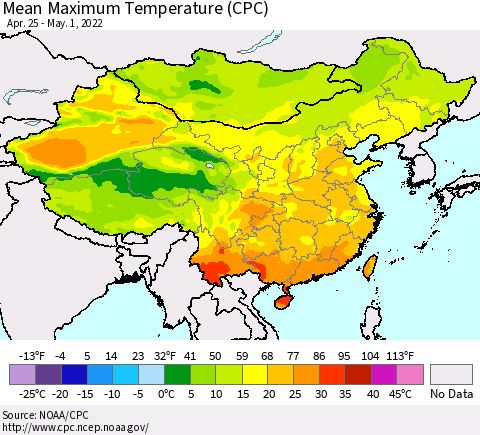 China, Mongolia and Taiwan Mean Maximum Temperature (CPC) Thematic Map For 4/25/2022 - 5/1/2022