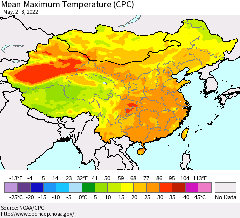 China, Mongolia and Taiwan Mean Maximum Temperature (CPC) Thematic Map For 5/2/2022 - 5/8/2022