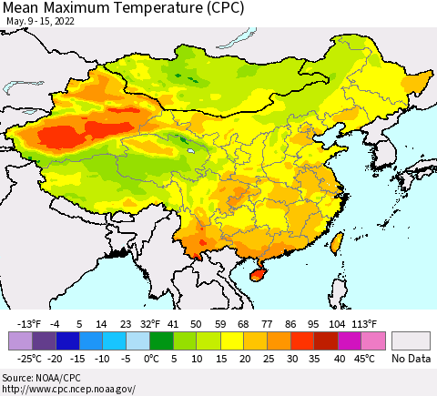 China, Mongolia and Taiwan Mean Maximum Temperature (CPC) Thematic Map For 5/9/2022 - 5/15/2022