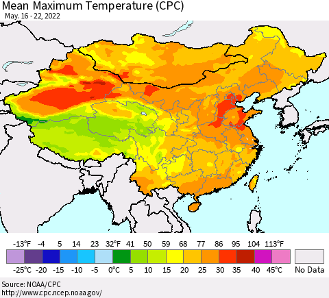 China, Mongolia and Taiwan Mean Maximum Temperature (CPC) Thematic Map For 5/16/2022 - 5/22/2022