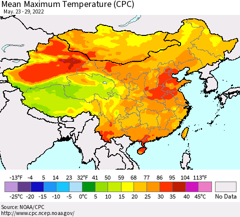 China, Mongolia and Taiwan Mean Maximum Temperature (CPC) Thematic Map For 5/23/2022 - 5/29/2022