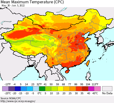 China, Mongolia and Taiwan Mean Maximum Temperature (CPC) Thematic Map For 5/30/2022 - 6/5/2022