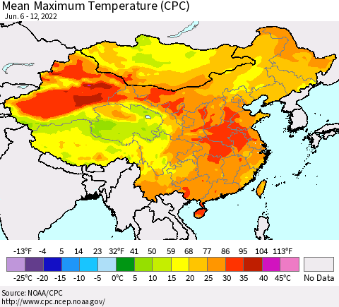 China, Mongolia and Taiwan Mean Maximum Temperature (CPC) Thematic Map For 6/6/2022 - 6/12/2022