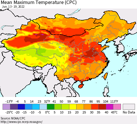 China, Mongolia and Taiwan Mean Maximum Temperature (CPC) Thematic Map For 6/13/2022 - 6/19/2022