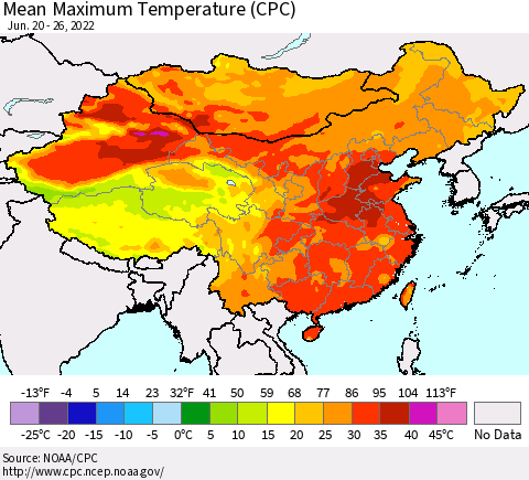 China, Mongolia and Taiwan Mean Maximum Temperature (CPC) Thematic Map For 6/20/2022 - 6/26/2022
