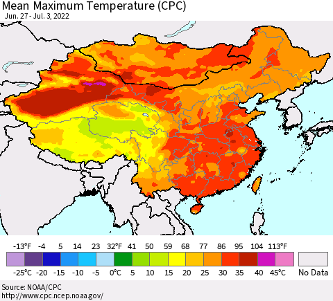 China, Mongolia and Taiwan Mean Maximum Temperature (CPC) Thematic Map For 6/27/2022 - 7/3/2022