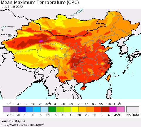 China, Mongolia and Taiwan Mean Maximum Temperature (CPC) Thematic Map For 7/4/2022 - 7/10/2022