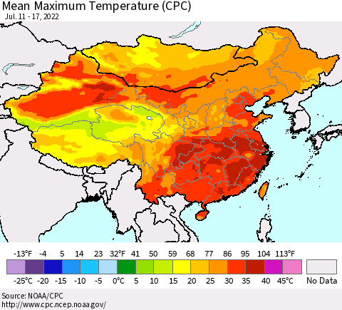 China, Mongolia and Taiwan Mean Maximum Temperature (CPC) Thematic Map For 7/11/2022 - 7/17/2022