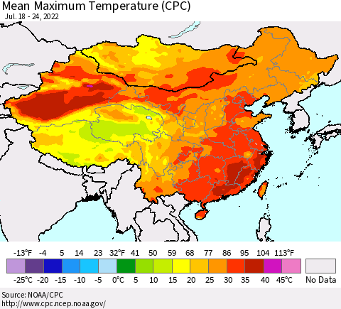 China, Mongolia and Taiwan Mean Maximum Temperature (CPC) Thematic Map For 7/18/2022 - 7/24/2022