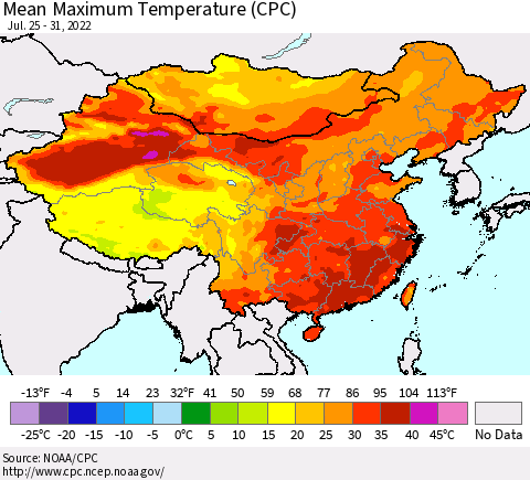 China, Mongolia and Taiwan Mean Maximum Temperature (CPC) Thematic Map For 7/25/2022 - 7/31/2022